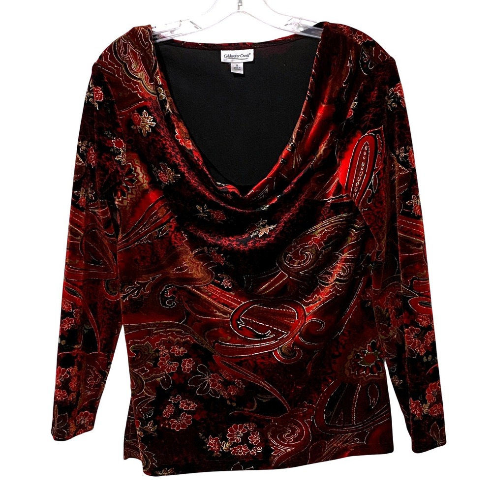 Y2K Floral Paisley Velvet Cowl Neck Top Made USA Whimsigoth Boho S Red Black